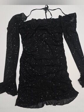 Sparkle Black Off-Shoulder Ruched Mini Dress